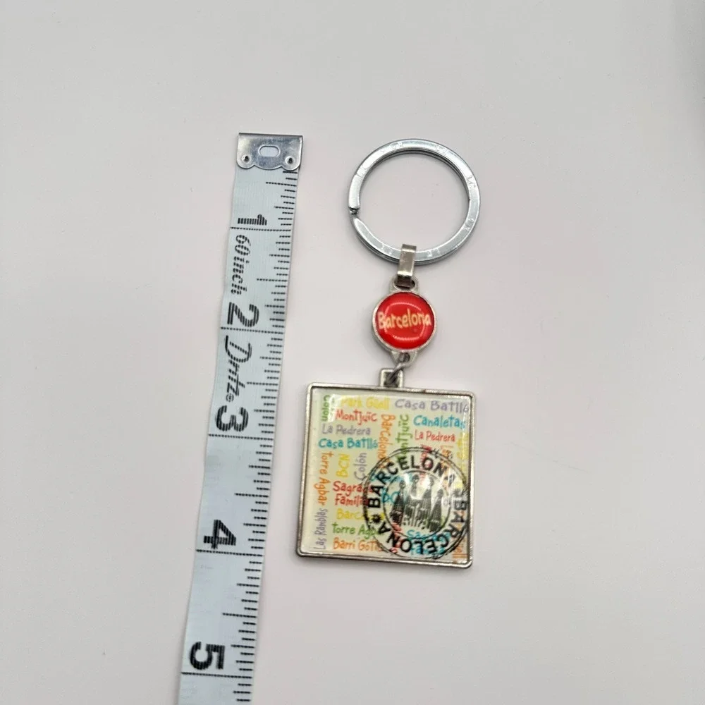 Vintage 70s LK Barcelona Spain Souvenir Silver Tone Square Charm‎ Keychain Retro
